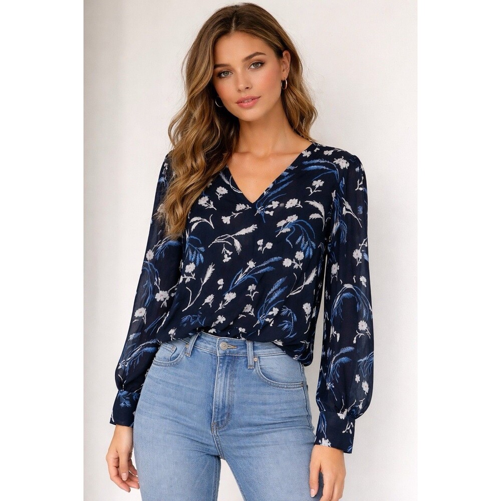 Joie 100% Silk Blue Floral Long Sleeve Lightweight Blouse Pleated Shoulder M